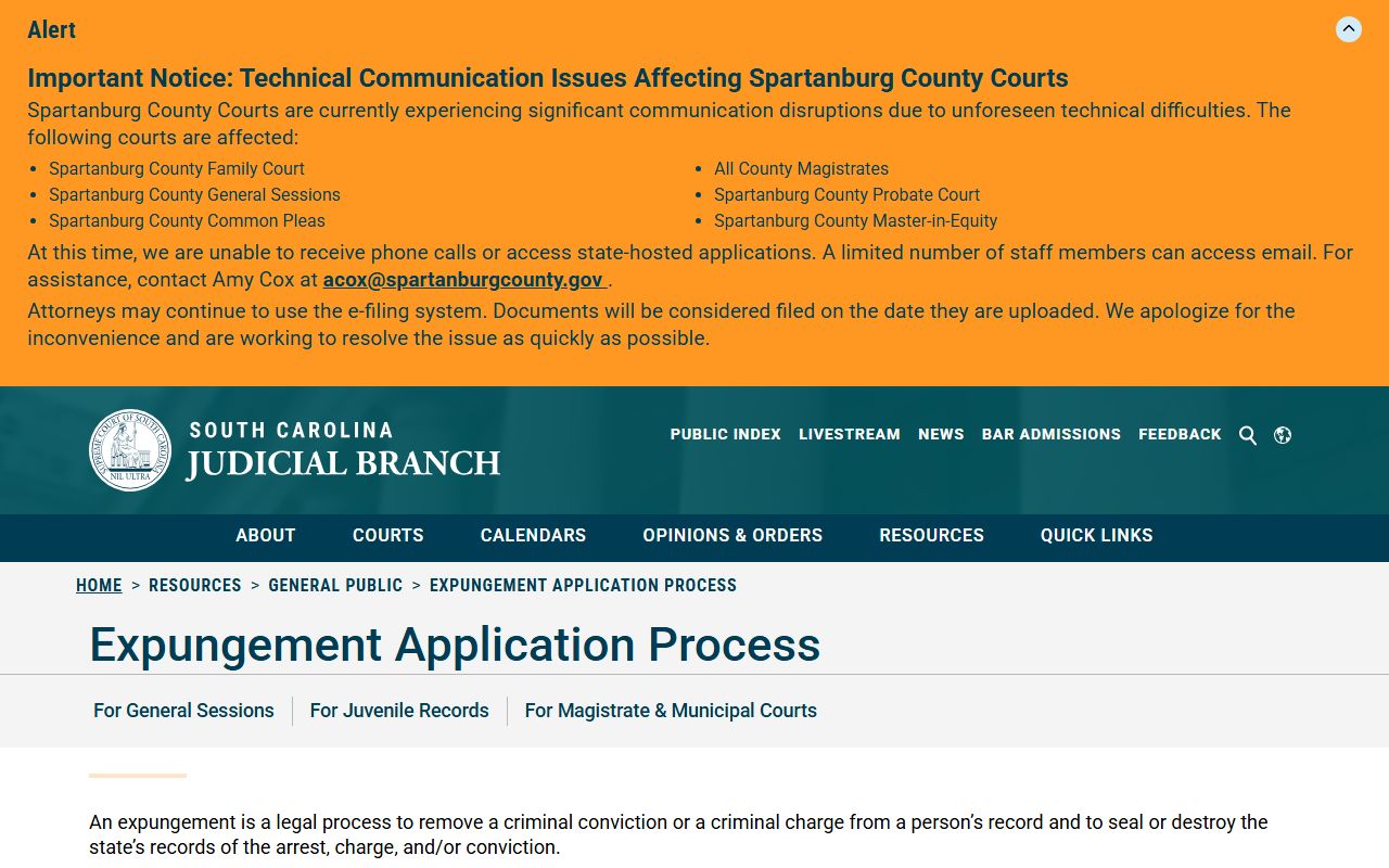 Oconee County criminal court records SC Judicial Branch expungement process