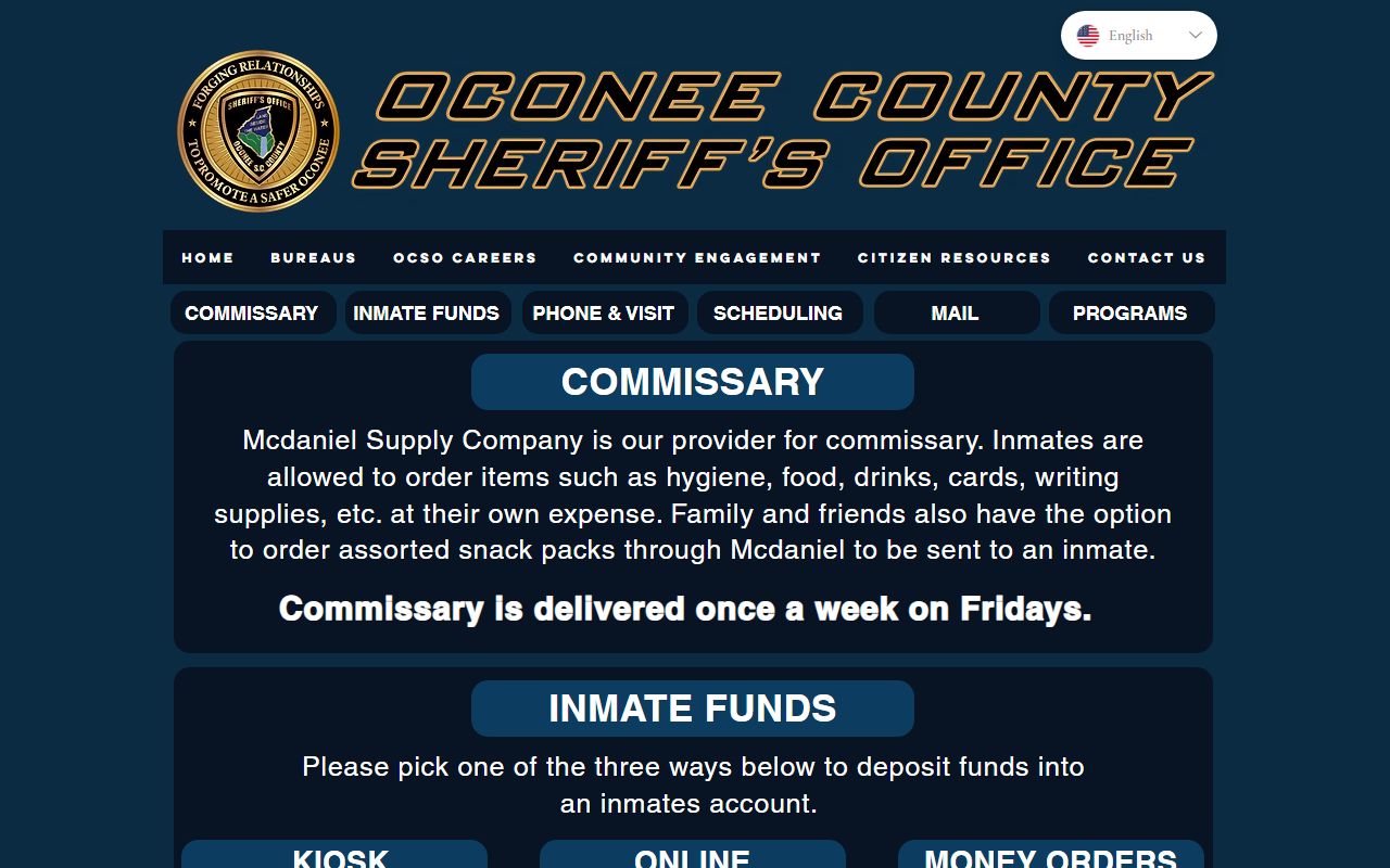 Oconee County inmate records Detention Center visitation and commissary rules
