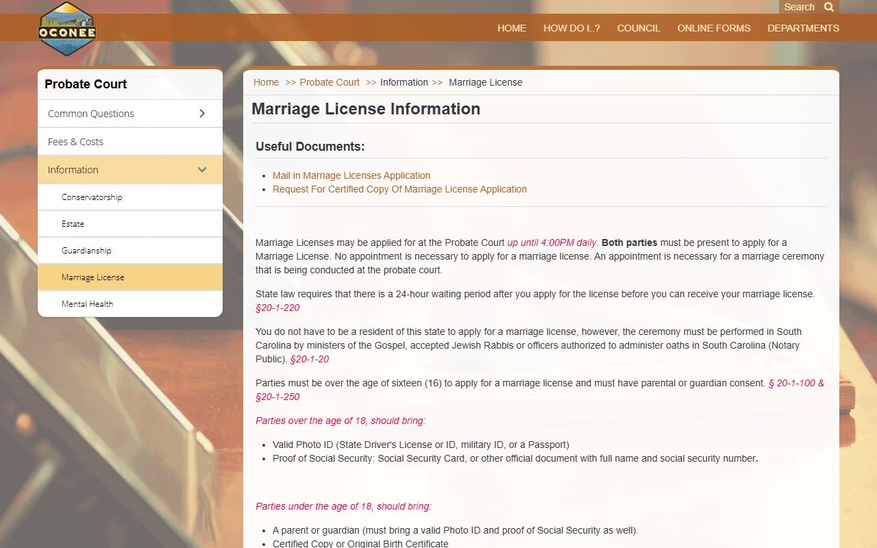 Oconee County marriage records Probate Court marriage license requirements