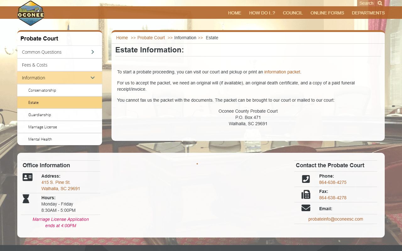 Oconee County probate records estate packet requirements
