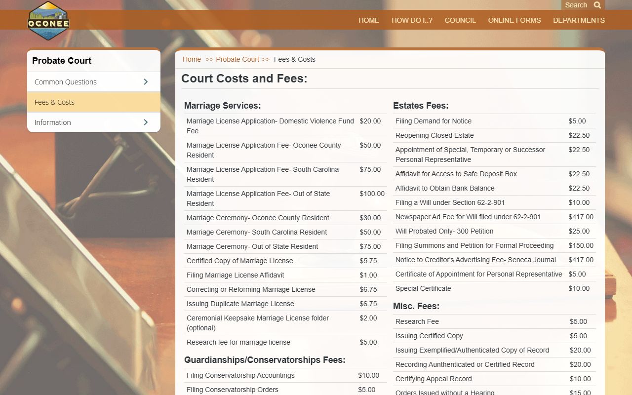 Oconee County probate records fees and costs