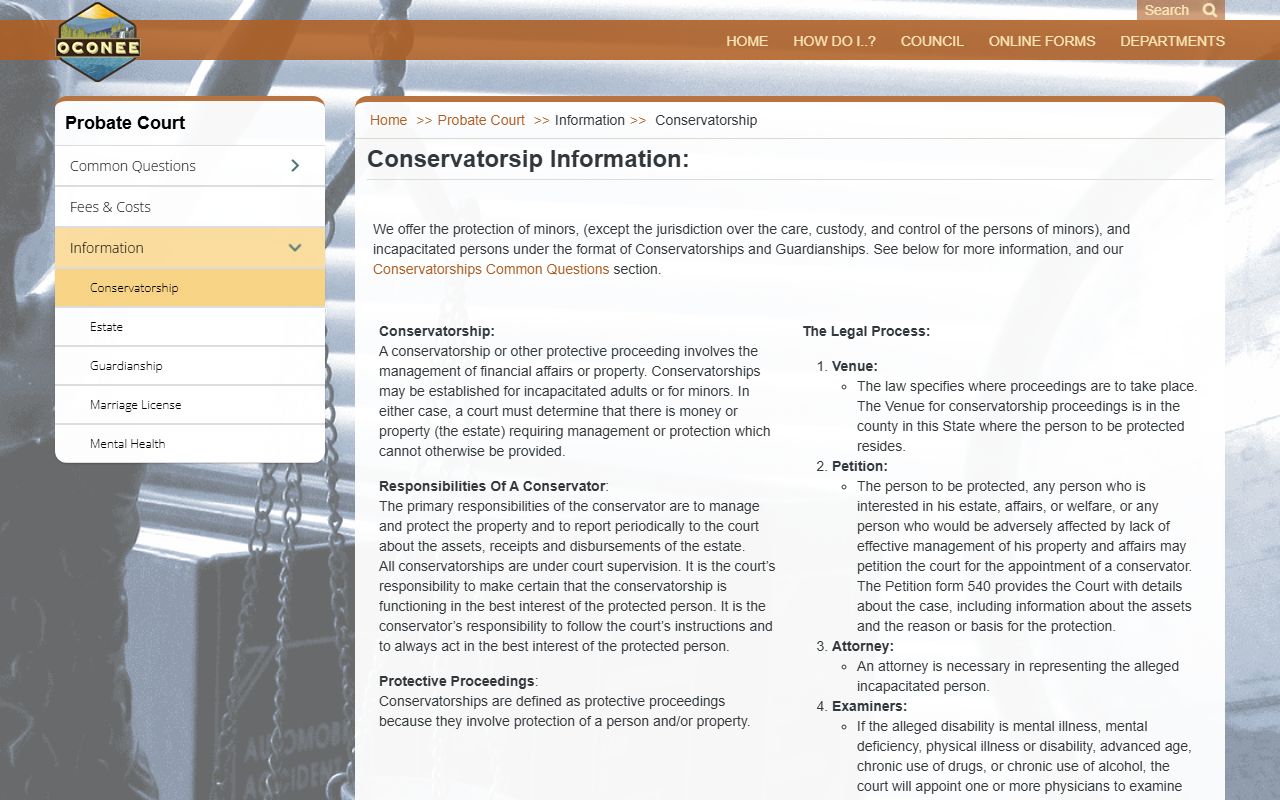 Oconee County probate records conservatorship procedure